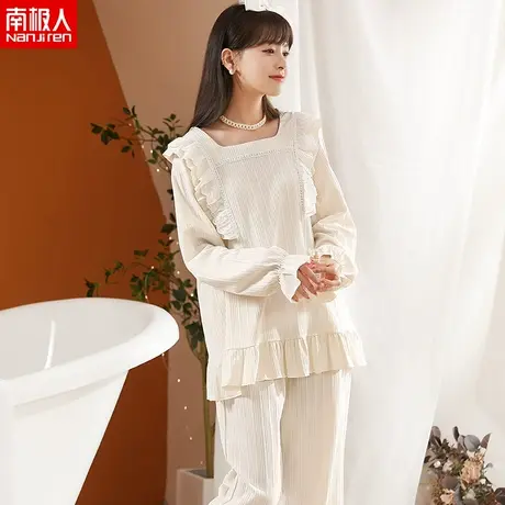 南极人休闲纯棉睡裙女春秋款长袖韩系简约家居服宽松睡衣女可外穿图片
