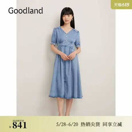 Goodland美地夏季天丝莱赛尔水洗牛仔收腰V领连衣裙图片