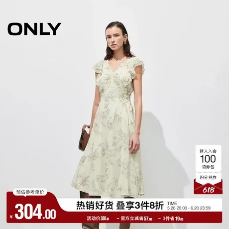 ONLY2025夏季新款法式碎花荷叶飞袖V领系带修身中长裙连衣裙女图片
