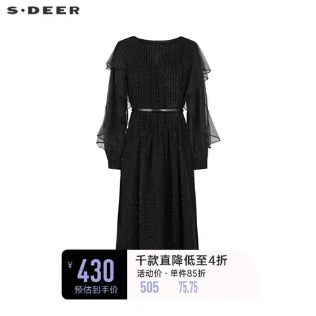 sdeer圣迪奥女装圆领风琴褶收腰网纱荷叶边连衣裙S234Z1254图片