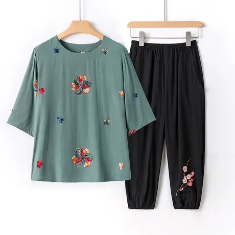 中老年女装妈妈夏装洋气奶奶棉绸套装老人太太衣服民族风t恤上衣商品大图