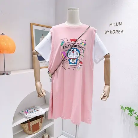 夏季短袖过膝连衣裙韩版chic港风纯棉中长款T恤宽松休闲慵懒显瘦图片