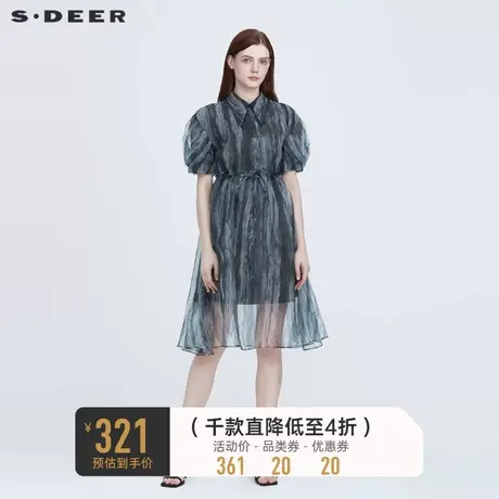 sdeer圣迪奥中国风连衣裙翻领水墨晕染收腰泡泡袖衬衫裙S222Z124K图片