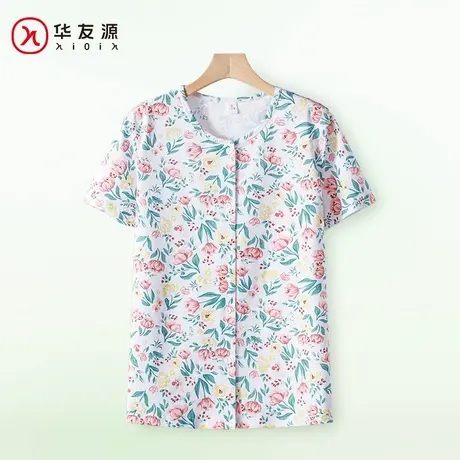 华友源妈妈纯棉短袖开衫上衣女士中老年人宽松可外穿T恤家居内衣图片