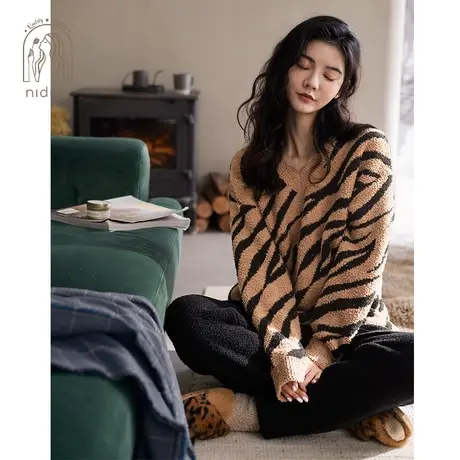 妮狄娅睡衣女秋冬季保暖半边绒软绵绵套头长袖时尚休闲家居服套装图片
