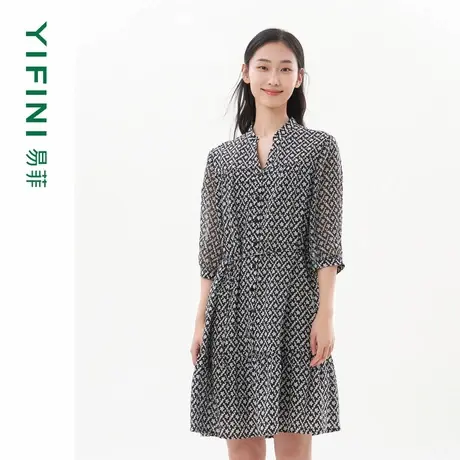 [专柜同款]Yifini/易菲100%桑蚕丝真丝A字裙菱格印花短袖连衣裙图片