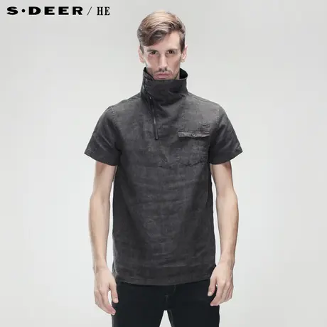 sdeerhe圣迪奥 专柜正品 男夏纯灰冷酷立领男式短袖衬衫3270488商品大图