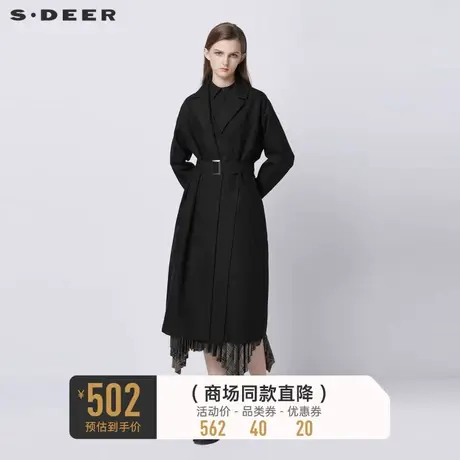 sdeer圣迪奥女装春秋装通勤西装领拼接收腰长款风衣女S21381811图片