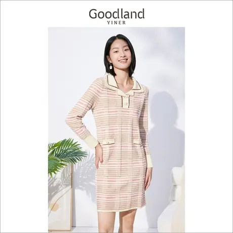 Goodland美地女装冬季亮丝条纹小香风针织连衣裙图片
