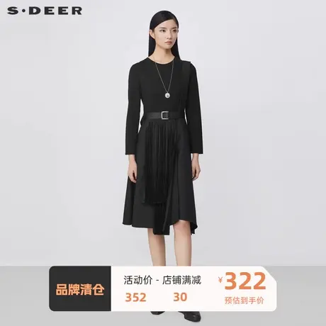 sdeer圣迪奥女装休闲圆领收腰抽褶不规则连衣裙S21481225图片