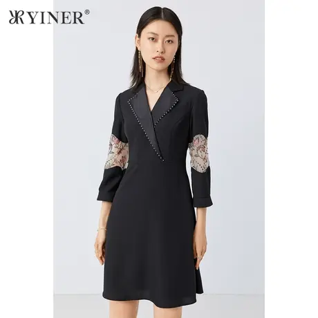 *YINER音儿奥莱女装秋季西装领长袖收腰连衣裙图片