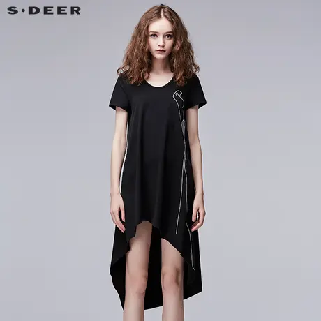 sdeer圣迪奥2019夏装女趣味简笔线条前后圆摆短袖连衣裙S17261207图片