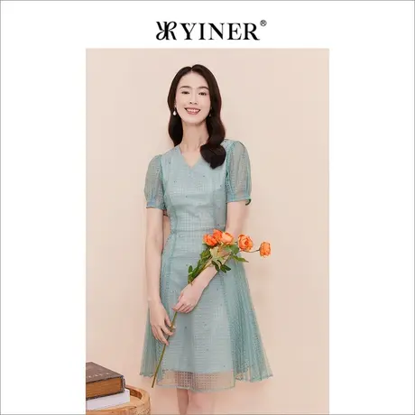 YINER音儿专选女装夏季都市风V领质感蕾丝连衣裙图片