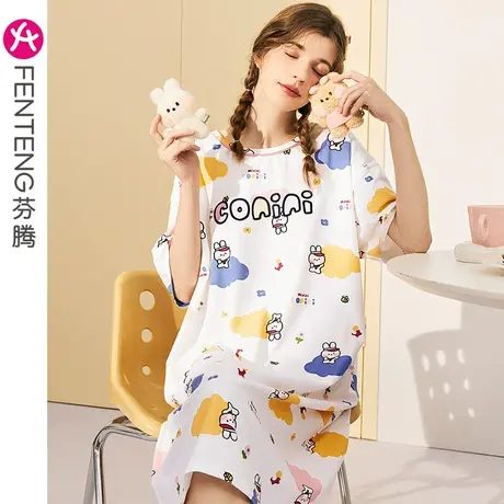 芬腾布朗熊睡裙女夏季纯棉薄款短袖睡衣裙可爱卡通甜美家居服中裙商品大图