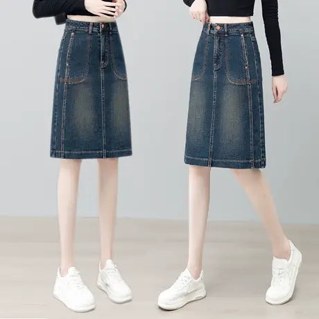 时尚高腰牛仔半身裙女2025春秋新款a字包臀裙显瘦开叉休闲一步裙图片