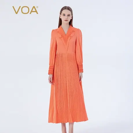 VOA真丝暗纹提花22姆米粉橙V领塔克褶撞料乔其优雅淑女长袖连衣裙图片