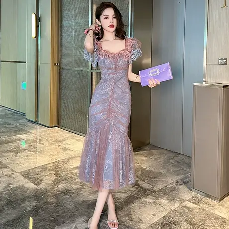 优雅轻奢名媛风网纱连衣裙端庄淑女设计感小众修身方领鱼尾裙长款图片