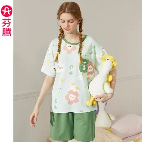 芬腾纯棉睡衣女夏季薄款可爱卡通韩版少女全棉休闲舒适家居服套装图片