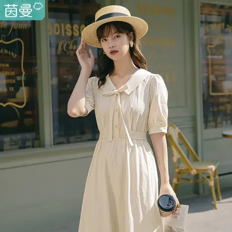 茵曼梨涡|复古文艺2023夏装新款翻领赠送领带珍珠纽扣开襟连衣裙图片