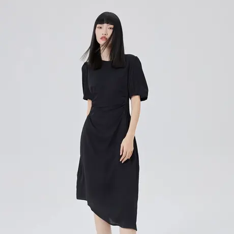 艾莱依高级感连衣裙女夏季新款气质短袖不规则式剪裁显瘦法式裙子图片