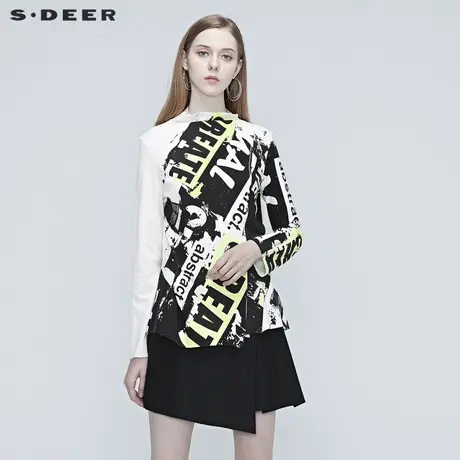 sdeer圣迪奥春秋女装不规则字母撞色涂鸦拼接长袖T恤S20380210商品大图