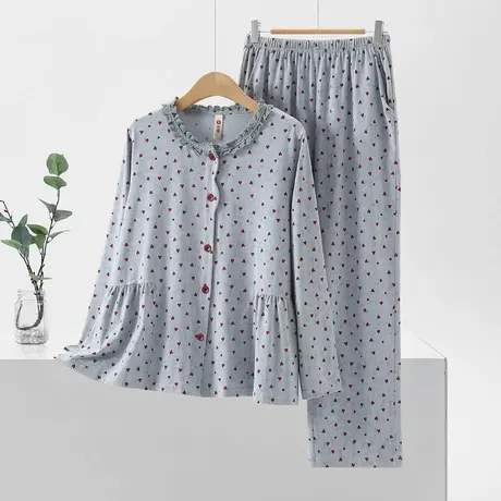 芬腾纯棉女士睡衣春秋长袖长裤压边圆领甜美爱心可外穿家居服套装商品大图