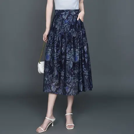 2025夏季新款a字印花半身裙女垂感显瘦法式气质中长蓬蓬花苞裙子图片