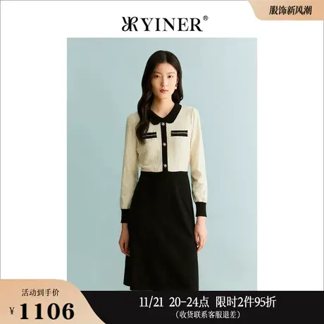 【小香风】YINER音儿专选女装秋季撞色娃娃领针织连衣裙图片