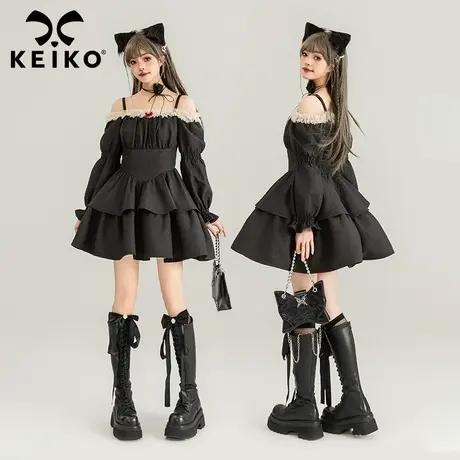 KEIKO 法式黑色吊带连衣裙2024春夏甜辣一字肩收腰显瘦蓬蓬公主裙图片