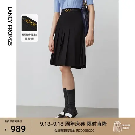 朗姿法式高腰拉链黑色别致设计感收腰A字裙半身裙女秋新款百褶裙图片