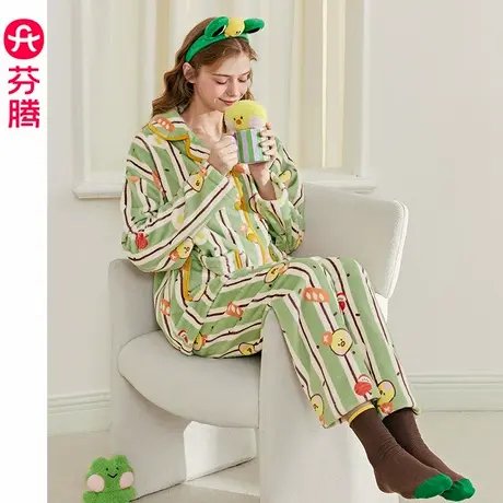 芬腾珊瑚绒女士睡衣秋冬季新款加绒加厚套装布朗熊宽松大码家居服图片