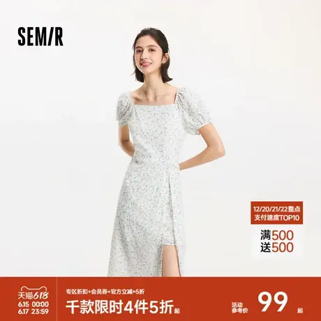 森马连衣裙女泡泡袖浪漫俏皮少女感夏法式方领扭结开叉雪纺碎花裙图片