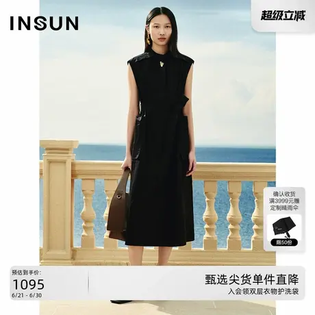 INSUN恩裳专选夏季棉质黑色休闲无袖连衣裙图片