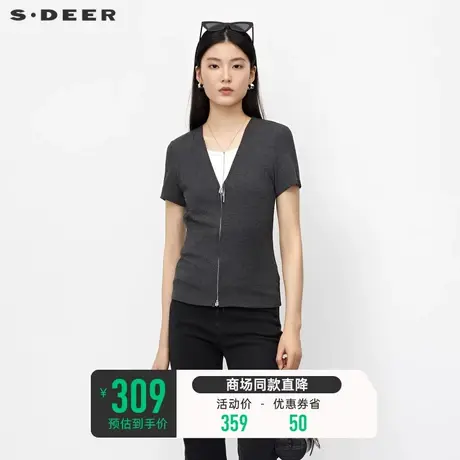 sdeer圣迪奥女装休闲V领撞色拼接拉链短袖T恤S23280124商品大图