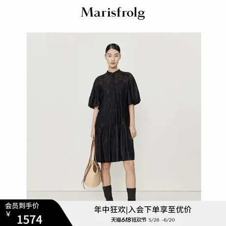 玛丝菲尔23夏季新款灯笼袖小黑裙法式气质优雅高腰黑色连衣裙女图片