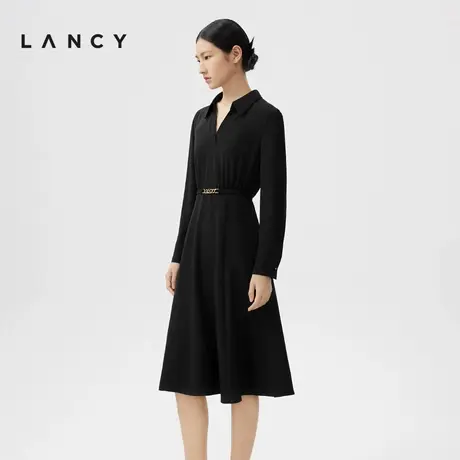 LANCY/朗姿春季新款V领桑蚕丝衬衫连衣裙女法式高级感A字裙图片