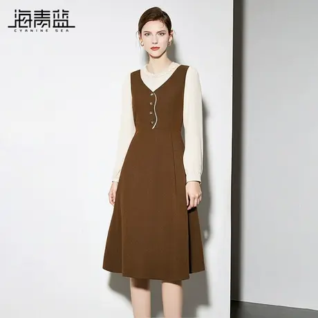 海青蓝秋装女款2024年新款黑色假两件长袖连衣裙女花边领显瘦裙子图片