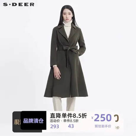 sdeer圣迪奥新时尚翻领收腰拼接长款毛呢大衣女外套S20461803商品大图