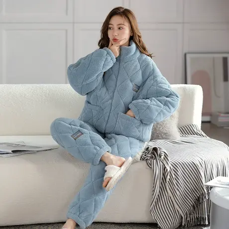 婷美秋冬天睡衣女加绒加厚保暖珊瑚绒夹棉袄冬季可出门家居服套装图片