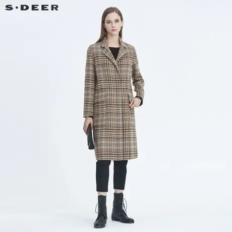 sdeer圣迪奥女装复古休闲平驳领千鸟格中长款毛呢大衣S20461816商品大图