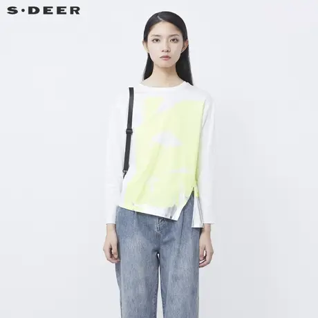 sdeer圣迪奥女装春秋装圆领撞色印花不规则开衩长袖T恤S21380203商品大图