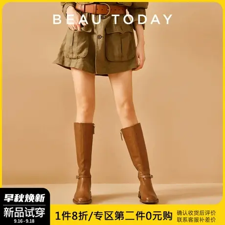 BeauToday棕色复古长靴机车骑士靴女BT秋季新款水洗马皮女靴单靴商品大图