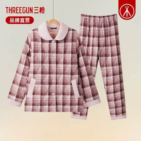 三枪睡衣女新款冬夹棉三层加厚格子可外穿宽松保暖女士家居服套装图片
