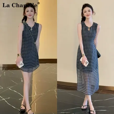 拉夏贝尔夏天巨好看格子无袖连衣裙女今年流行爆款显瘦a字背心裙图片