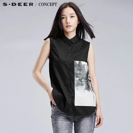 sdeer圣迪奥无领衬衫街头抽象印花圆摆短款上衣女S16280649图片