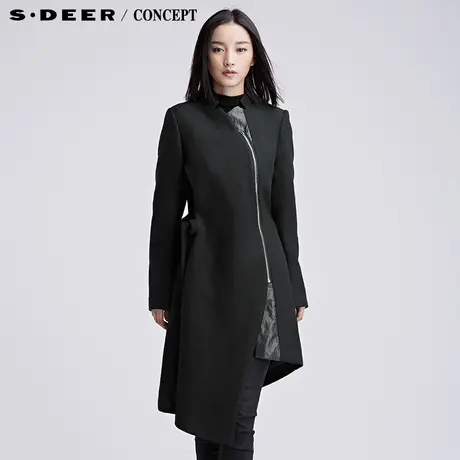 sdeer圣迪奥女2018冬装设计感先锋斜襟系绳不规则摆大衣S16481703图片