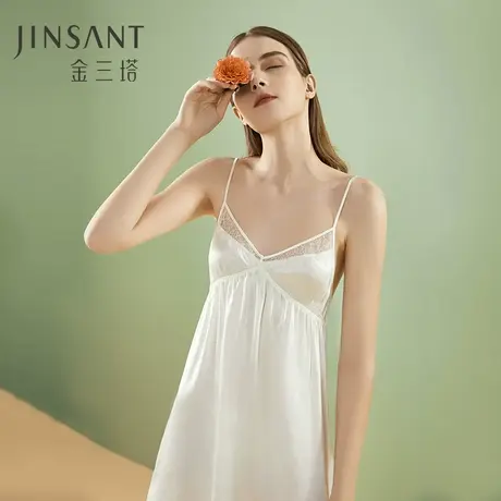 金三塔100%桑蚕丝蕾丝拼接V领性感真丝吊带睡裙 纯白睡衣家居服图片
