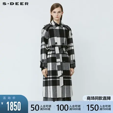 sdeer圣迪奥2021冬季新品复古翻领撞色格纹收腰毛呢大衣S21481818图片