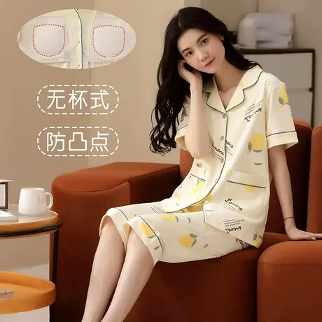 无杯式防凸点短袖家居服纯棉遮胸前开扣七分裤套装夏图片