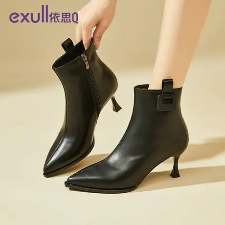 exull/依思Q高跟短靴女2023新款秋冬季高跟鞋皮面法式风细跟女靴商品大图